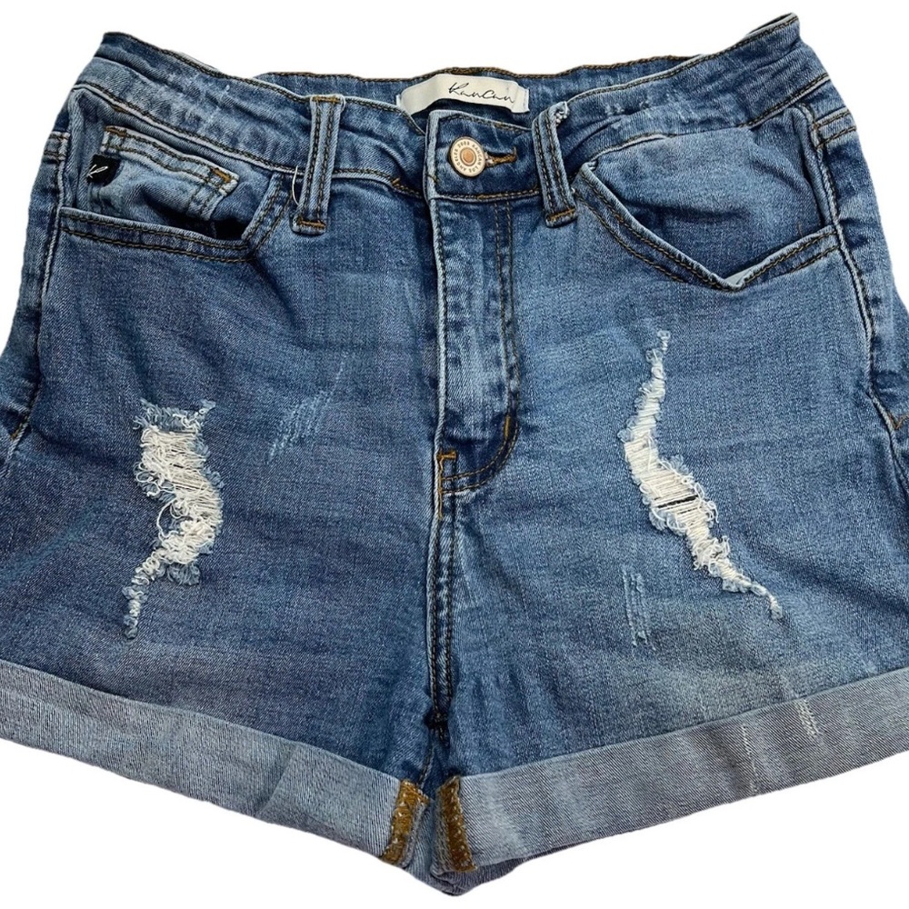 Kancan  Rolled Hem Distressed Stretch Denim Jean Shorts Medium Wash Size 7/25‎